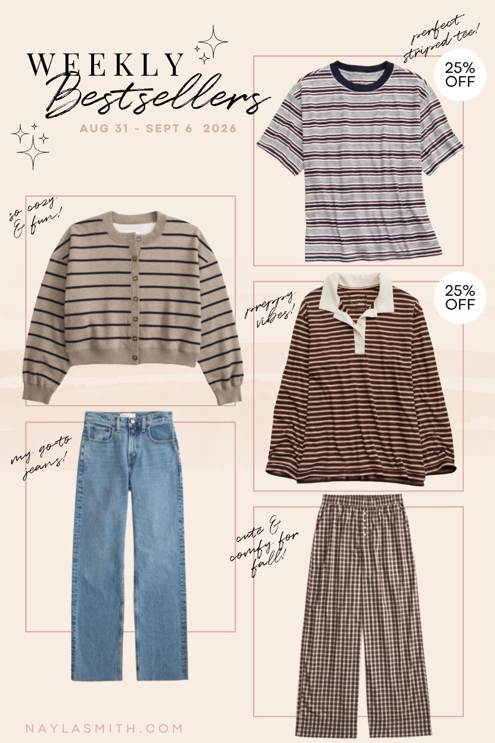 Weekly bestsellers! Sweatshirt cardigan (I wear L), my fave jeans (I wear size 30), striped tee (I wear L), polo long sleeve top (I wear L), gingham pants (I wear M)

#LTKsale #LTKfall #LTKjeans