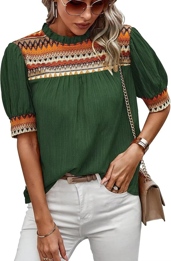 Womens Summer Tops Boho Geometric Crewneck Blouses Casual Short Puff Sleeve Shirts Flowy Crochet ... | Amazon (US)