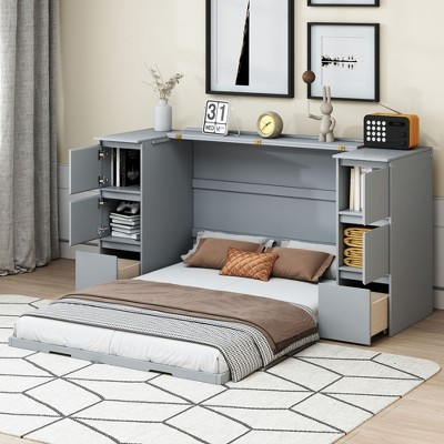 NicBex Full Size Murphy Bed Wooden Bed Frame Morden Hideaway Wall Bed with 4 Cabinets, 2 Drawers and USB Ports for BedRoom, Gray | Target