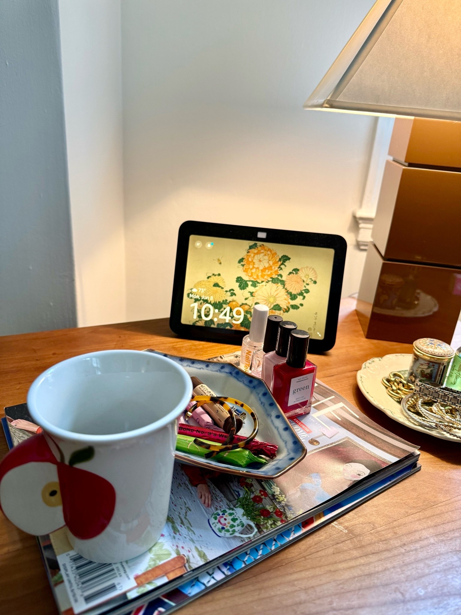 Peek into this little corner of our living room. Adore this lamp, which works in so many rooms. A whimsical mug like this makes mornings more fun. Small trays + plates hold perfume samples, jewelry + lip balm, cuticle oil, etc, right at my fingertips. These tortoise hoops I wear all the time are on sale right now!

#LTKdayinmylife #LTKSaleAlert #LTKHome