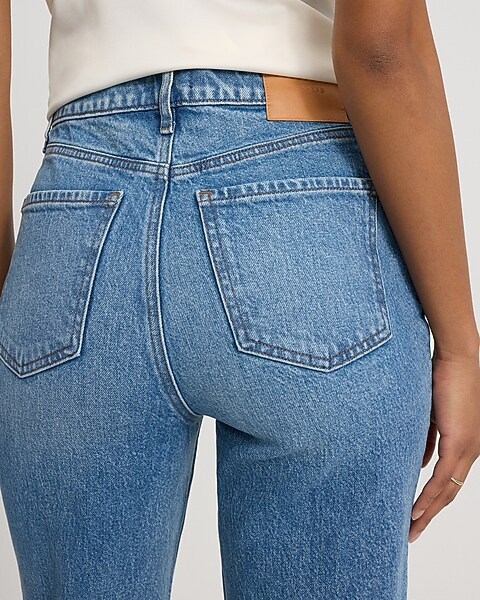 High Waisted Light Wash Raw Hem 50/50 Rigid Stretch Straight Ankle Jeans | Express