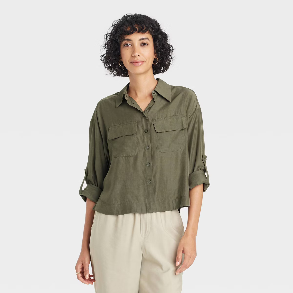 Women's Long Sleeve Button-Down Cropped Utility Shirt - A New Day™ | Target