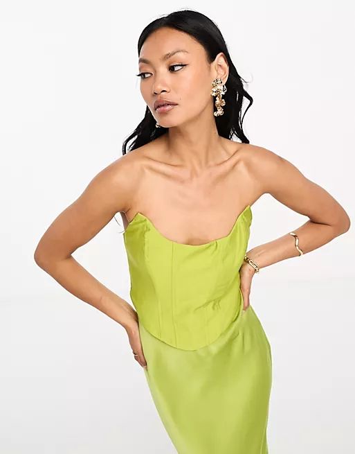 ASOS DESIGN bandeau contrast fabric slip maxi dress with corset detail in olive green | ASOS (Global)