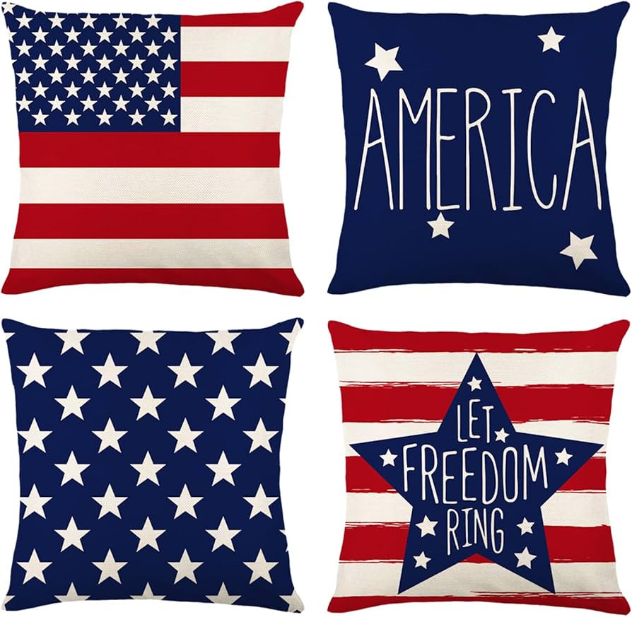 ONFAON 4th of July Pillow Covers 18x18 Set of 4 Independence Day Patriotic Throw Pillow Case Amer... | Amazon (US)