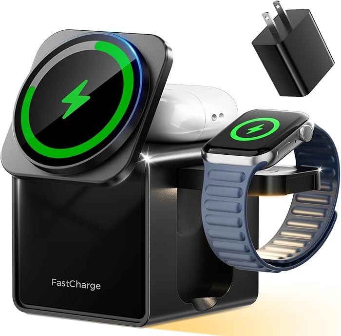 3 in 1 Charging Station for Apple, 15W Fast Magnetic Wireless Charger Station with Night Light, T... | Amazon (US)