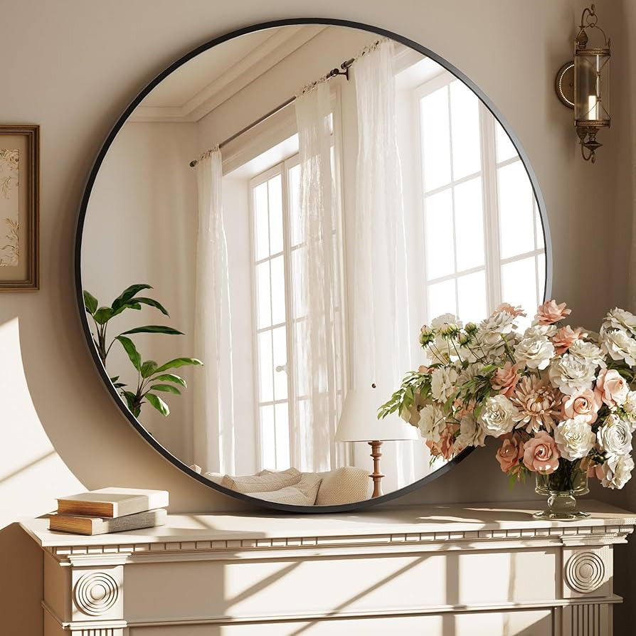 42 Inch Round Black Metal Wall Mirror - Stylish Circle Mirror for Entryway, Bathroom, and Living ... | Amazon (US)