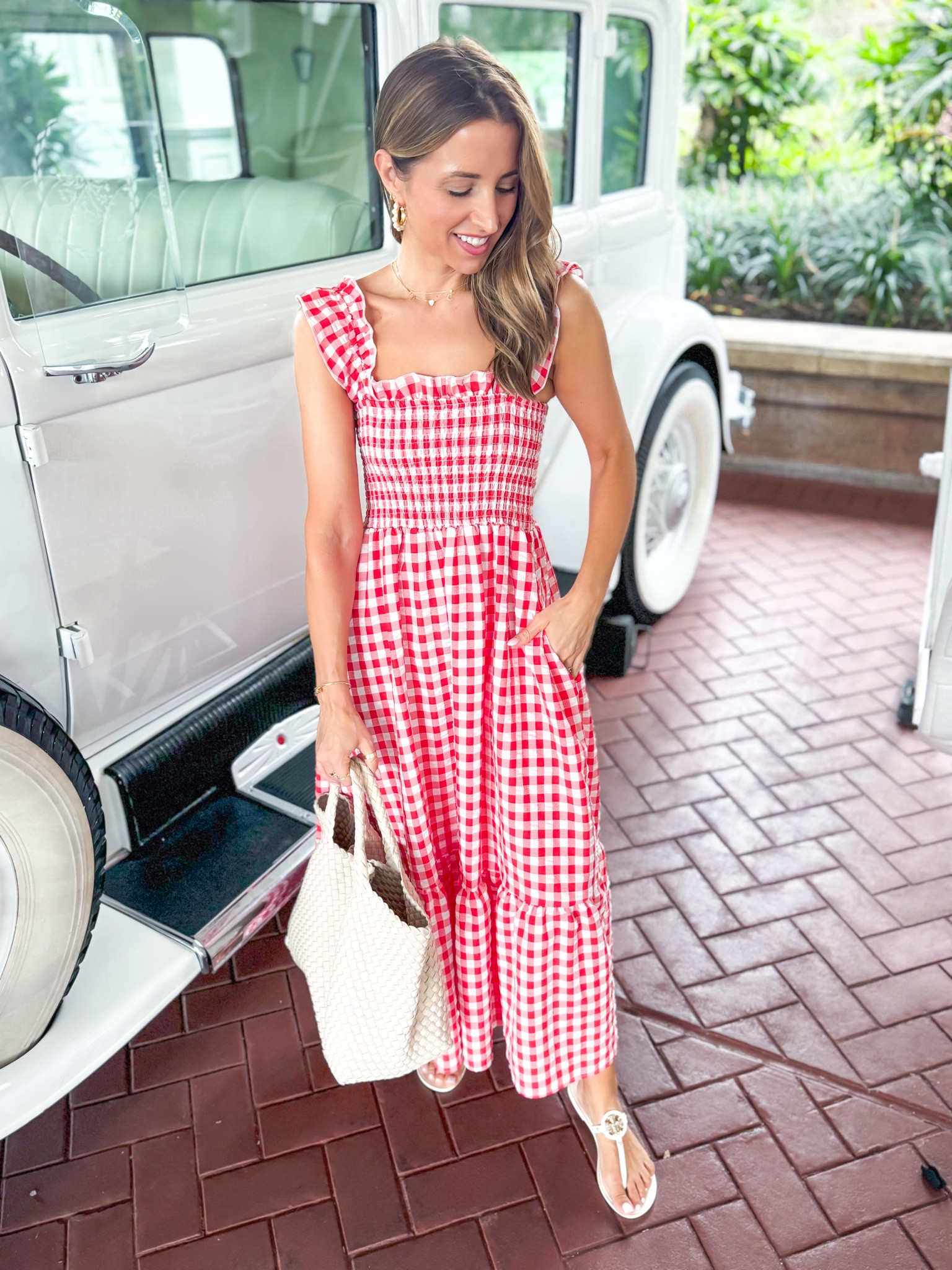 Amazon gingham dress in XS. Resort wear. Summer dress. Summer outfit. Vacation dress. Petite-friendly maxi with pockets. Naghedi tote medium in ecru. Tory Burch jelly sandals. Initial necklaces. 

#LTKItBag #LTKShoeCrush #LTKFindsUnder50