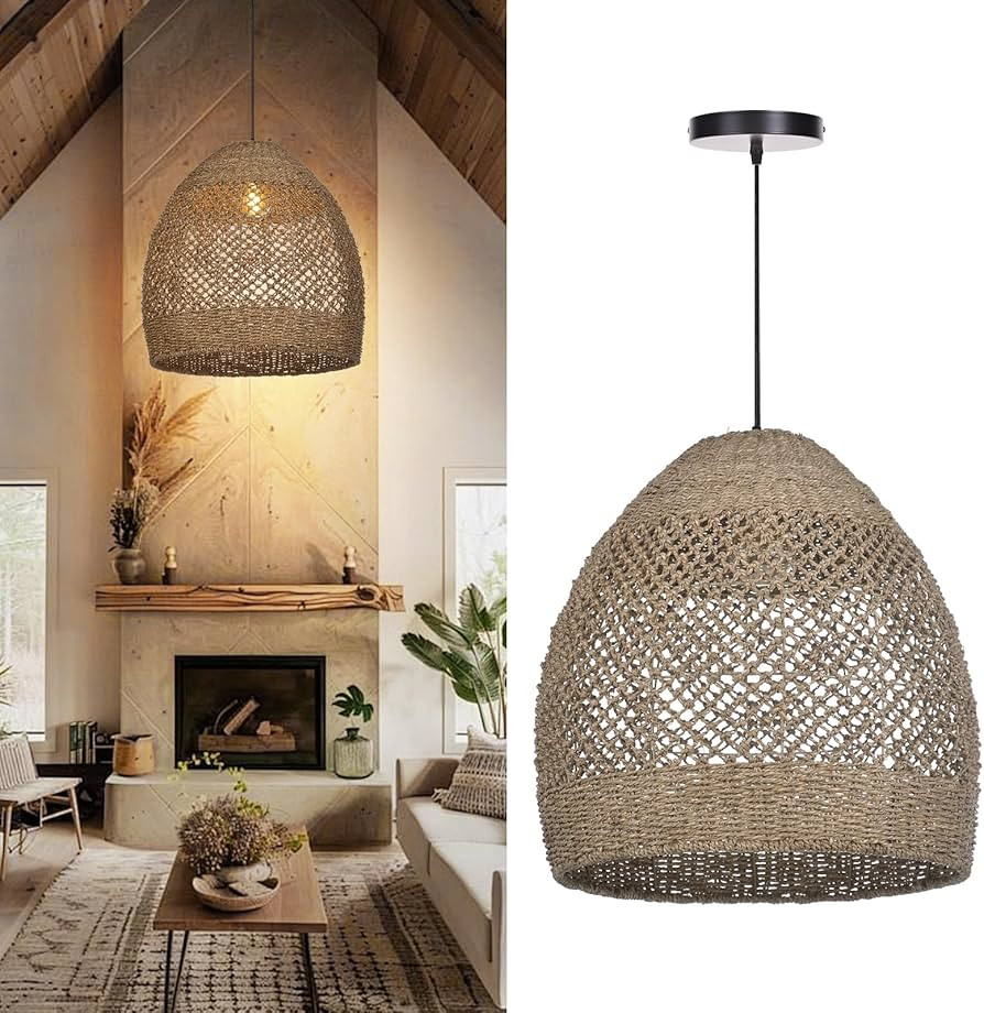 Arturesthome Boho Chandelier, Rustic Rattan Basket Woven Pendant Light Coastal Light Fixture, Farmhouse Wicker Hanging Lighting for Dining Table Kitchen Island Bedroom D17.7in | Amazon (US)