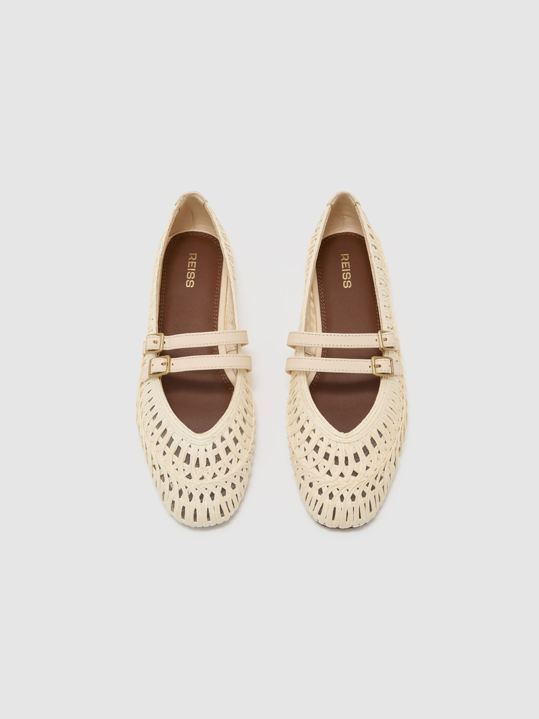 Reiss Woven Ballerina-Strap Flats in Off White - REISS | Reiss UK