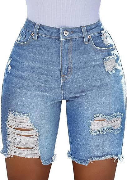 luvamia Women's High Waist Bermuda Shorts Ripped Distressed Stretch Denim Shorts | Amazon (US)