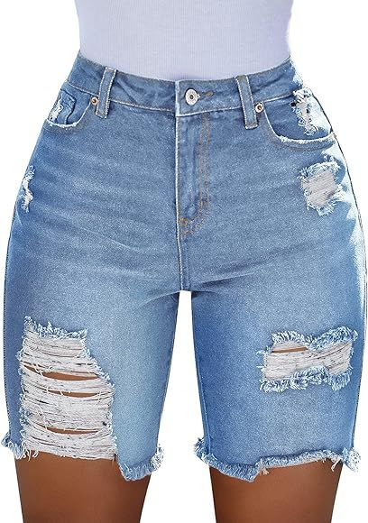 luvamia Women's High Waist Bermuda Shorts Ripped Distressed Stretch Denim Shorts | Amazon (US)