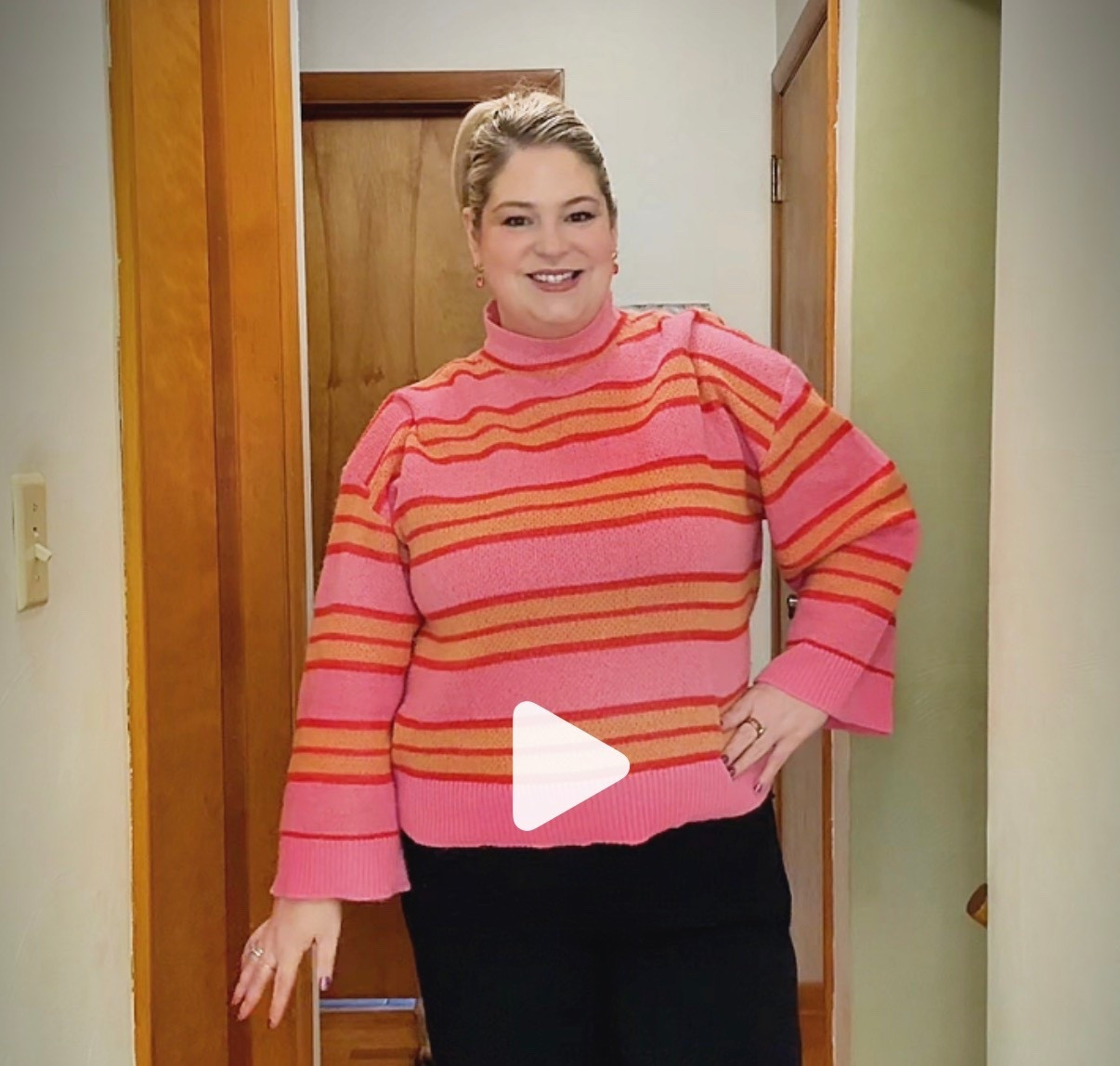 Pink and Orange sunset sweater brighten the office this chilly 1st week of March with easy trousers and heels. Clip in pony, pink earrings? Yes & yes! 

#LTKPlusSize #LTKMidsize #LTKWorkwear
