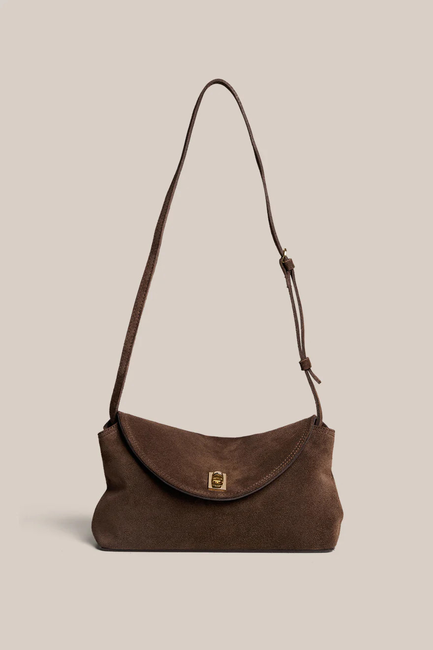 Sloane Dark Chocolate Suede Crossbody Clutch | VESTIRSI