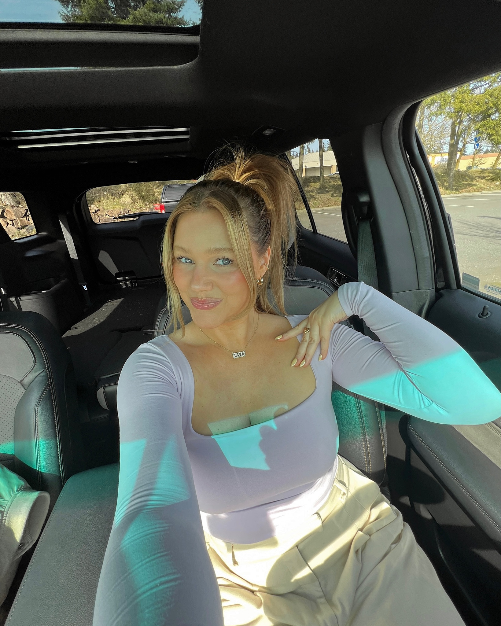 Pants are old from free people but linked similar from Abercrombie - I wear size M! Free people long sleeve top is super soft and buttery, flattering and light. Lots of colors. Size up if you need more chest coverage! I prefer the L/XL to cover my chest. You can wear a bra but I typically don’t because there’s a shelf bra inside. No padding! It’s amazing. Necklace Etsy! Earring cuff is amazon, earring you can use code BRE20 

