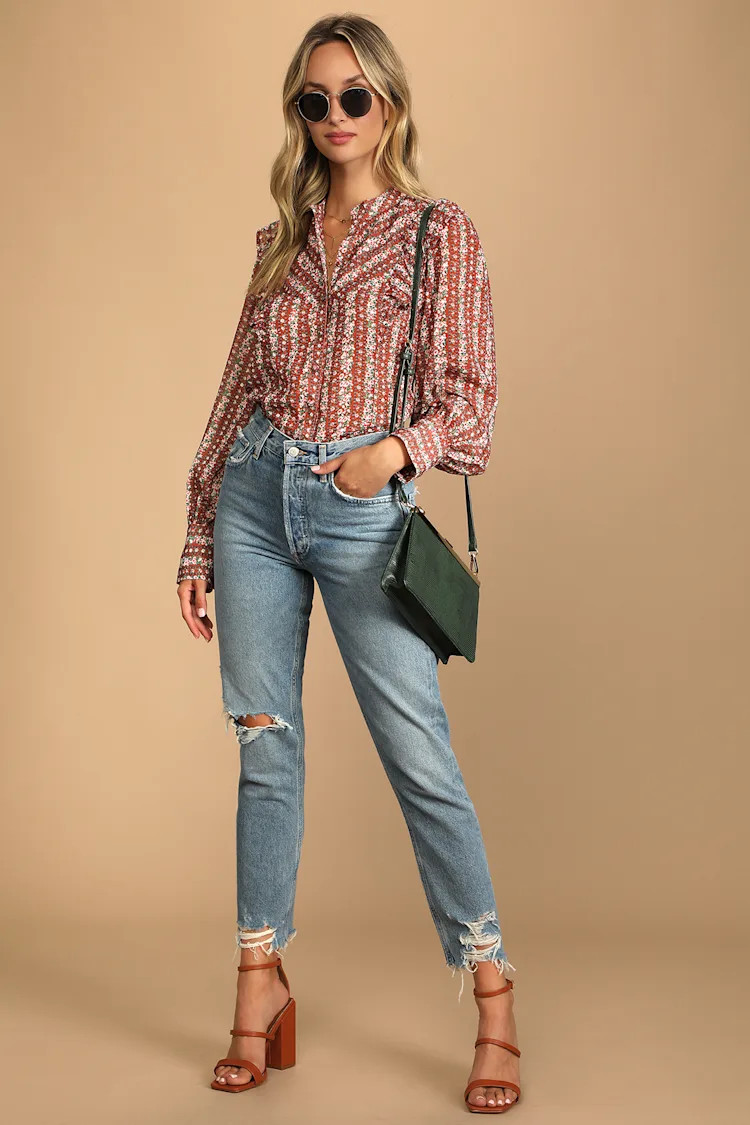 Evermore Rust Floral Print Ruffled Button-Up Top | Lulus (US)