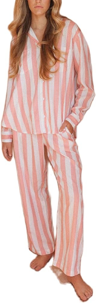 Argeousgor Women Y2k 2 Piece Pajamas Sets Striped Long Sleeve Button Down Shirt Top Straight Wide... | Amazon (US)