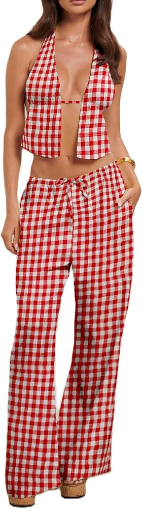 NUFIWI Summer 2 Piece Outfits for Women Sleeveless Backless Crop Top Drawstring Wide Leg Pants Se... | Amazon (US)