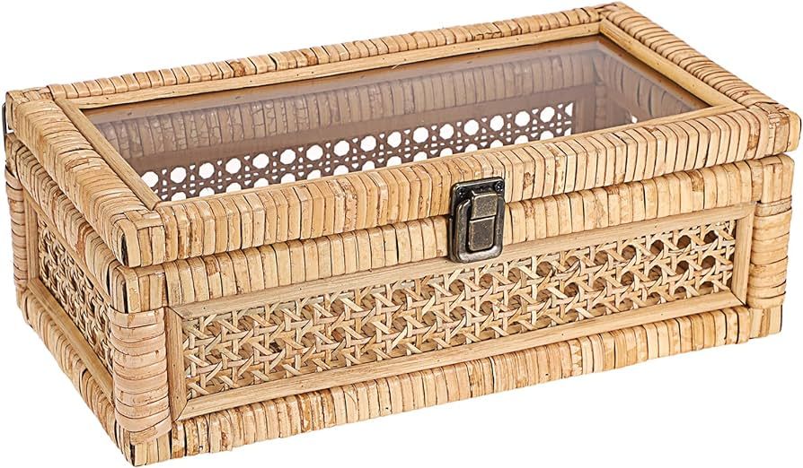 Hipiwe Rattan Decorative Box with Clear Lid and Lock - Natural Woven Wicker Basket Bin Rectangula... | Amazon (US)