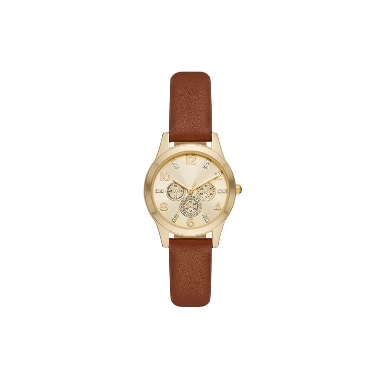 Time and Tru Women's Gold Tone Crystal Accent Watch with Faux Leather Strap | Walmart (US)