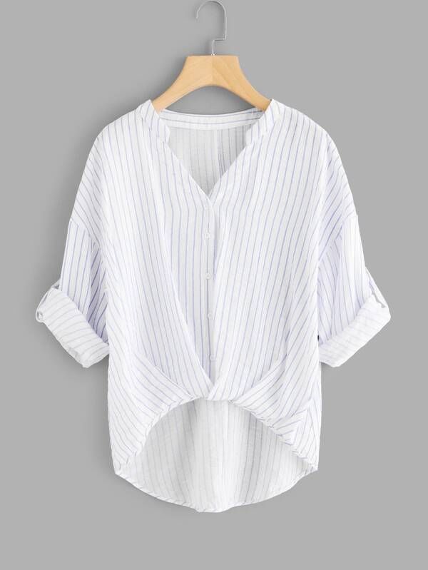 Rolled Up Sleeve Striped Dip Hem Blouse | SHEIN