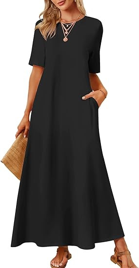 MEROKEETY Women's 2025 Spring Summer Casual Maxi Dress Beach Vacation Short Sleeve Crewneck Basic... | Amazon (US)