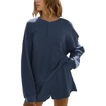 MISSACTIVER Waffle Knit Lounge Sets for Women Long Sleeve Oversized Sweatshirt Elastic Waist Shor... | Amazon (US)