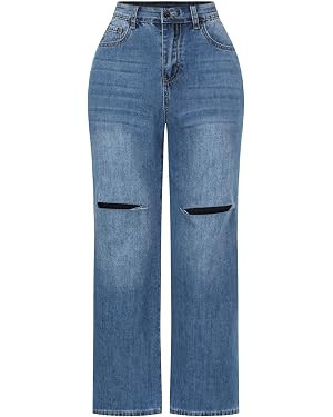 THUNDER STAR Womens High Waisted Wide Leg Jeans Stretchy Distressed Denim Pants | Amazon (US)
