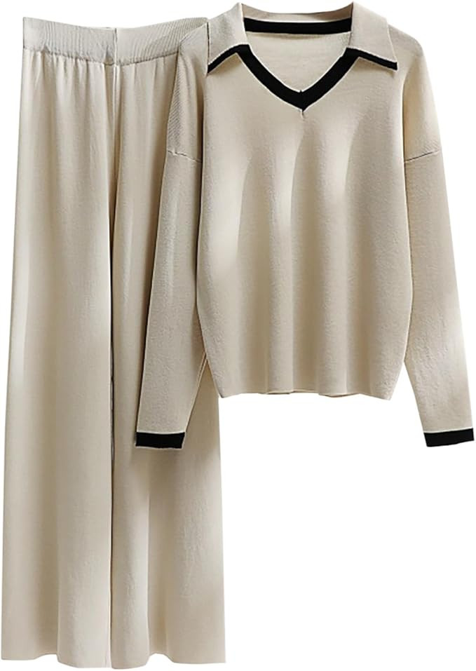 Hnodov Women's Two Piece Outfits Long Sleeve Knit V Neck Top Fall Sweater Set Loose Wide Leg Pant... | Amazon (US)