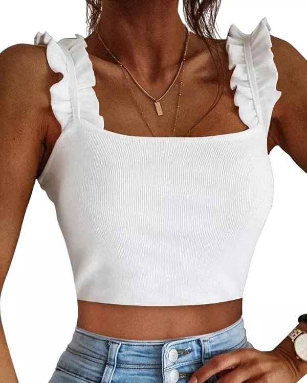 CLOZOZ Cute Crop Tops for Women Tank Tops Ribbed Ruffle Strap