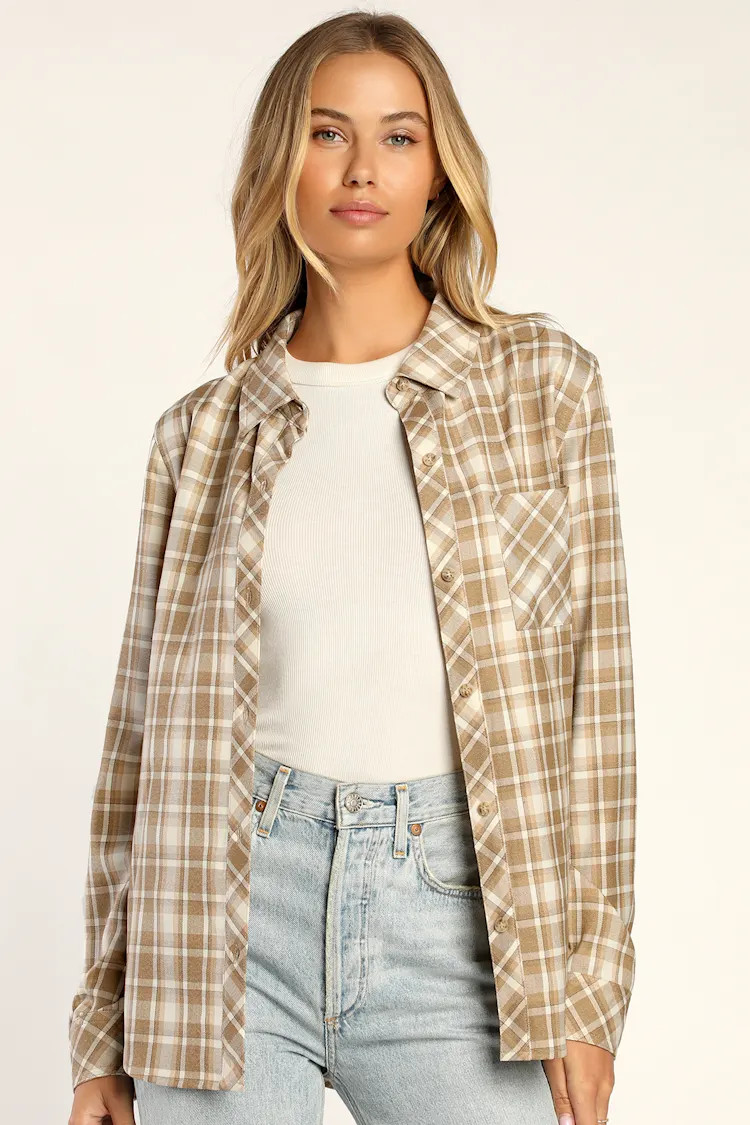 With the Vibe Beige Plaid Button-Up Top | Lulus (US)