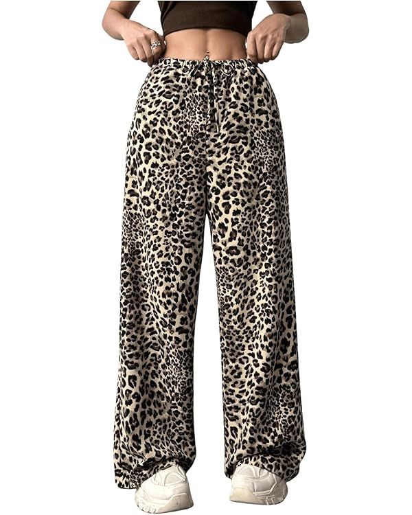 Floerns Women's Drawstring Waist Leopard Print Trousers Tie Front Wide Leg Pants | Amazon (US)