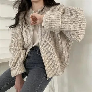 Plain Zip Up Chunky Cardigan | YesStyle Global