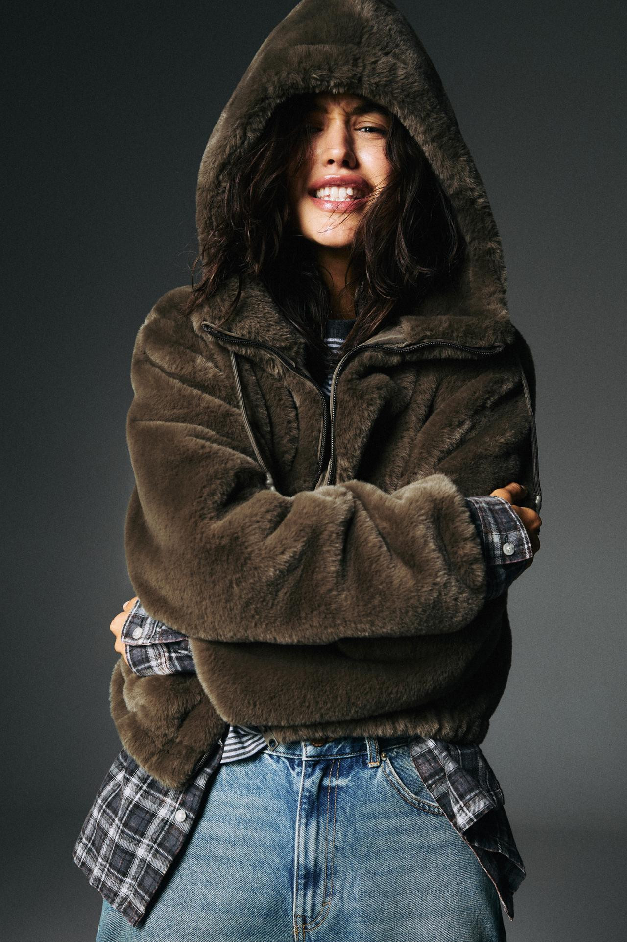 Faux fur jacket with hood | PULL and BEAR UK