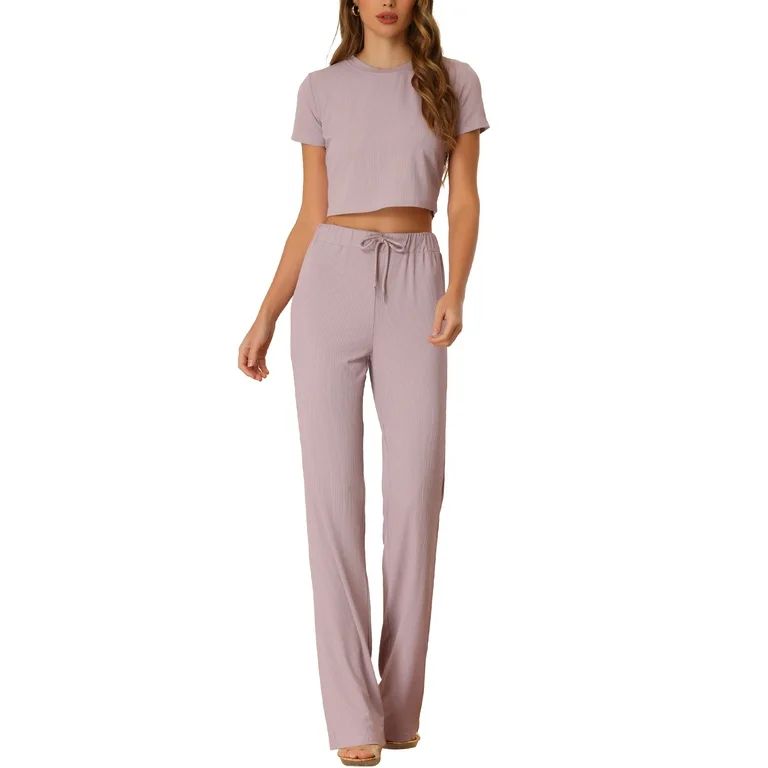 Allegra K Women's Two Piece Lounge Set Ribbed Crop Top Wide Leg Pant Casual Sweatsuit | Walmart (US)