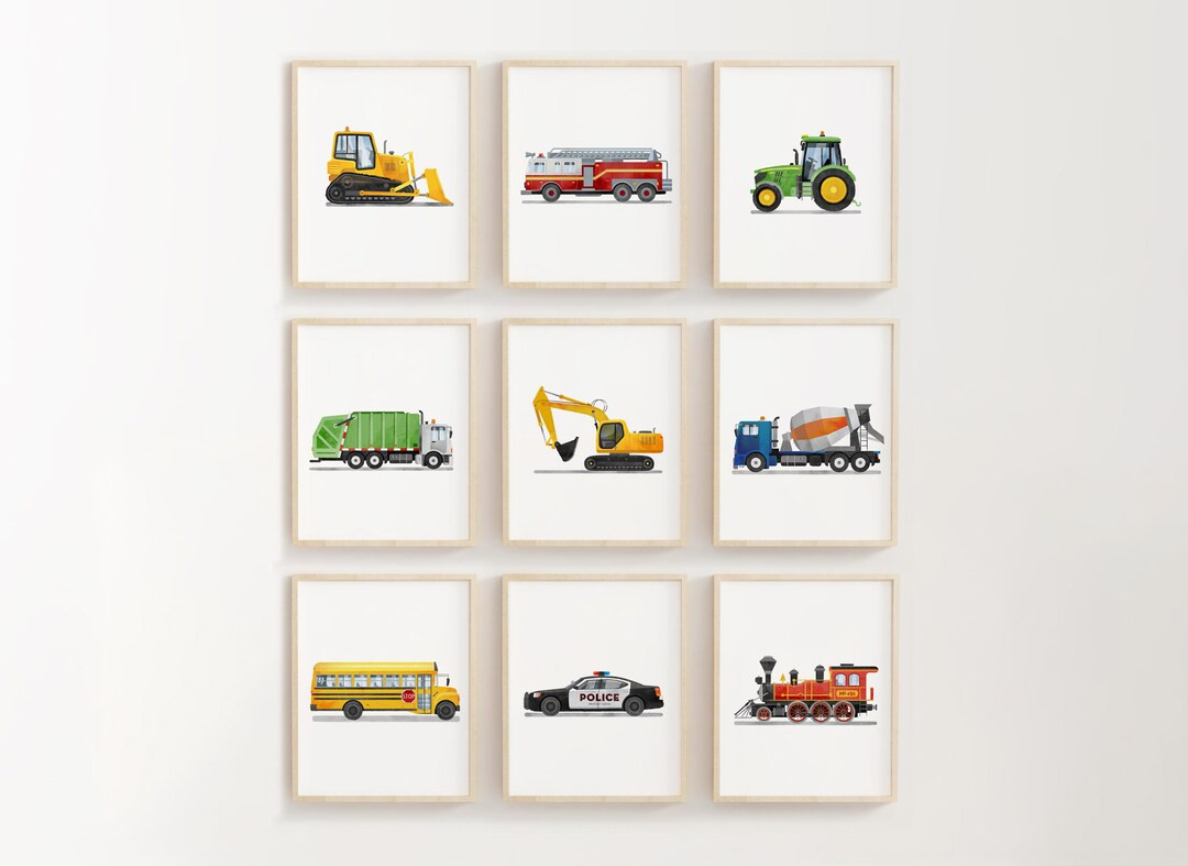 Vertical Set of 9 Vehicle Prints, Construction Wall Art, Transportation Nursery, Kids Gallery Wal... | Etsy (US)