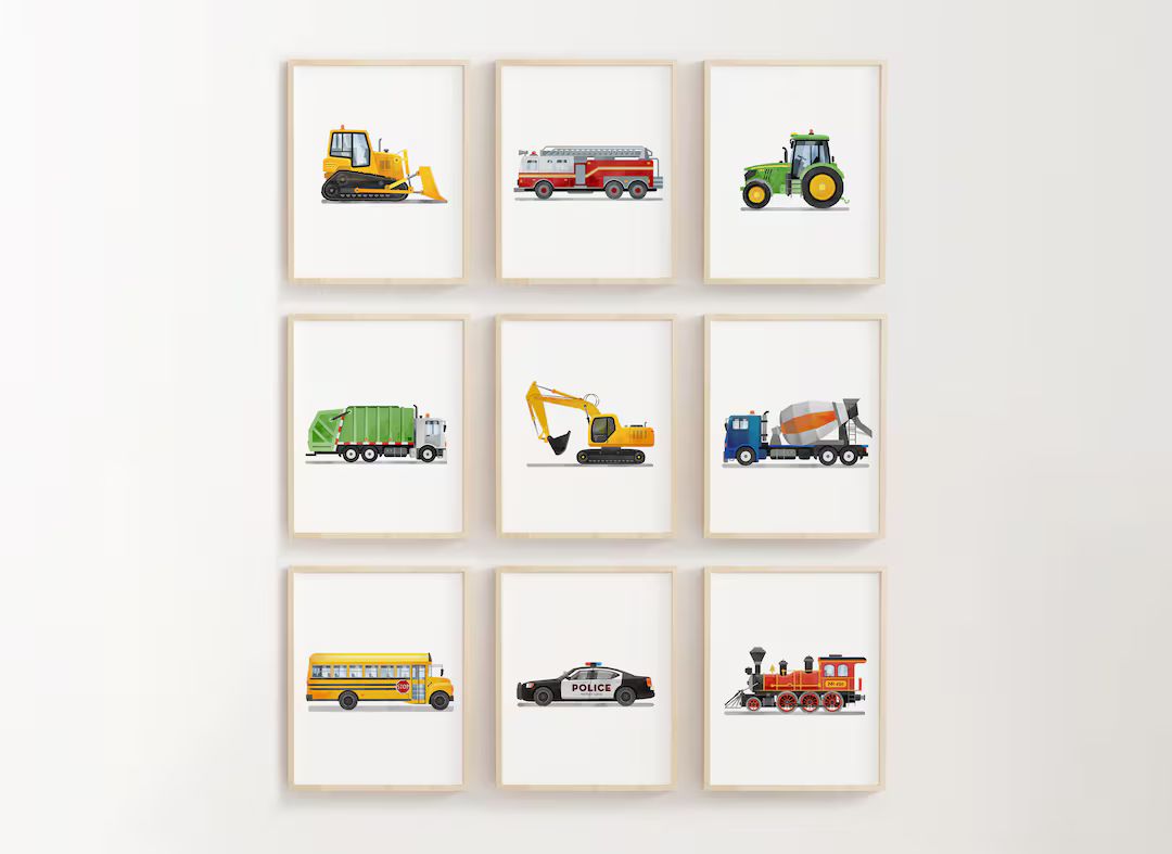 Vertical Set of 9 Vehicle Prints, Construction Wall Art, Transportation Nursery, Kids Gallery Wal... | Etsy (US)