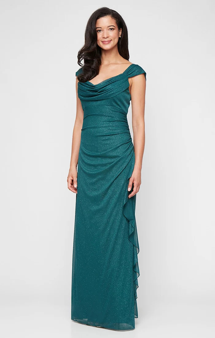 Long Sleeveless Glitter Mesh Dress with Cowl Neckline and Cascade Detail Skirt | Alex Evenings
