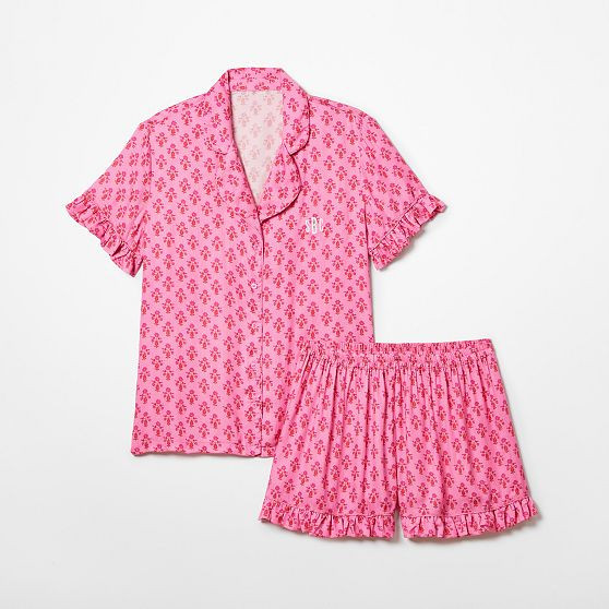 Ruffle Sateen Short Pajamas, Medium, Hot Pink Block Print | Mark and Graham