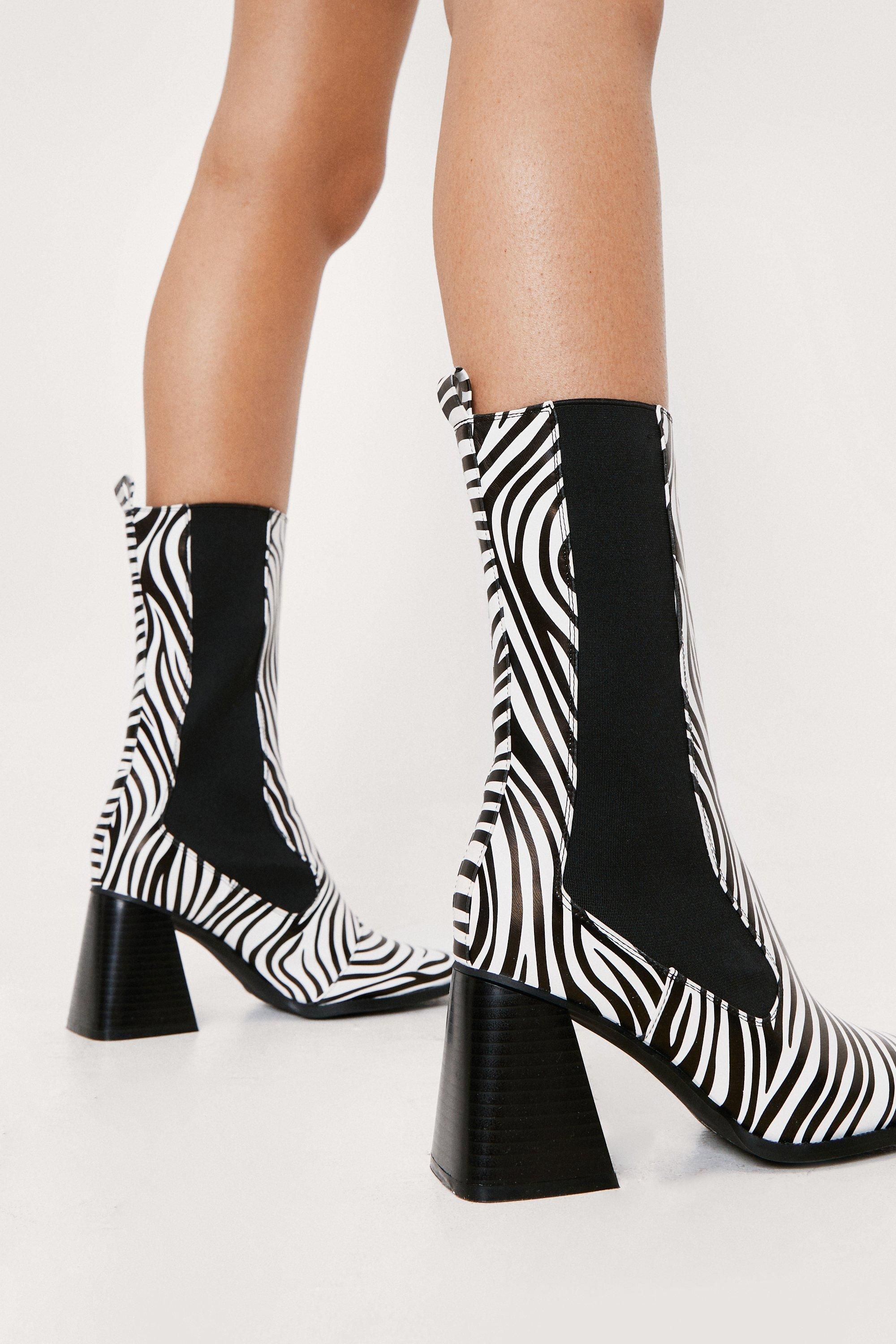 Faux Leather Zebra Print Heeled Chelsea Boots | Nasty Gal (US)