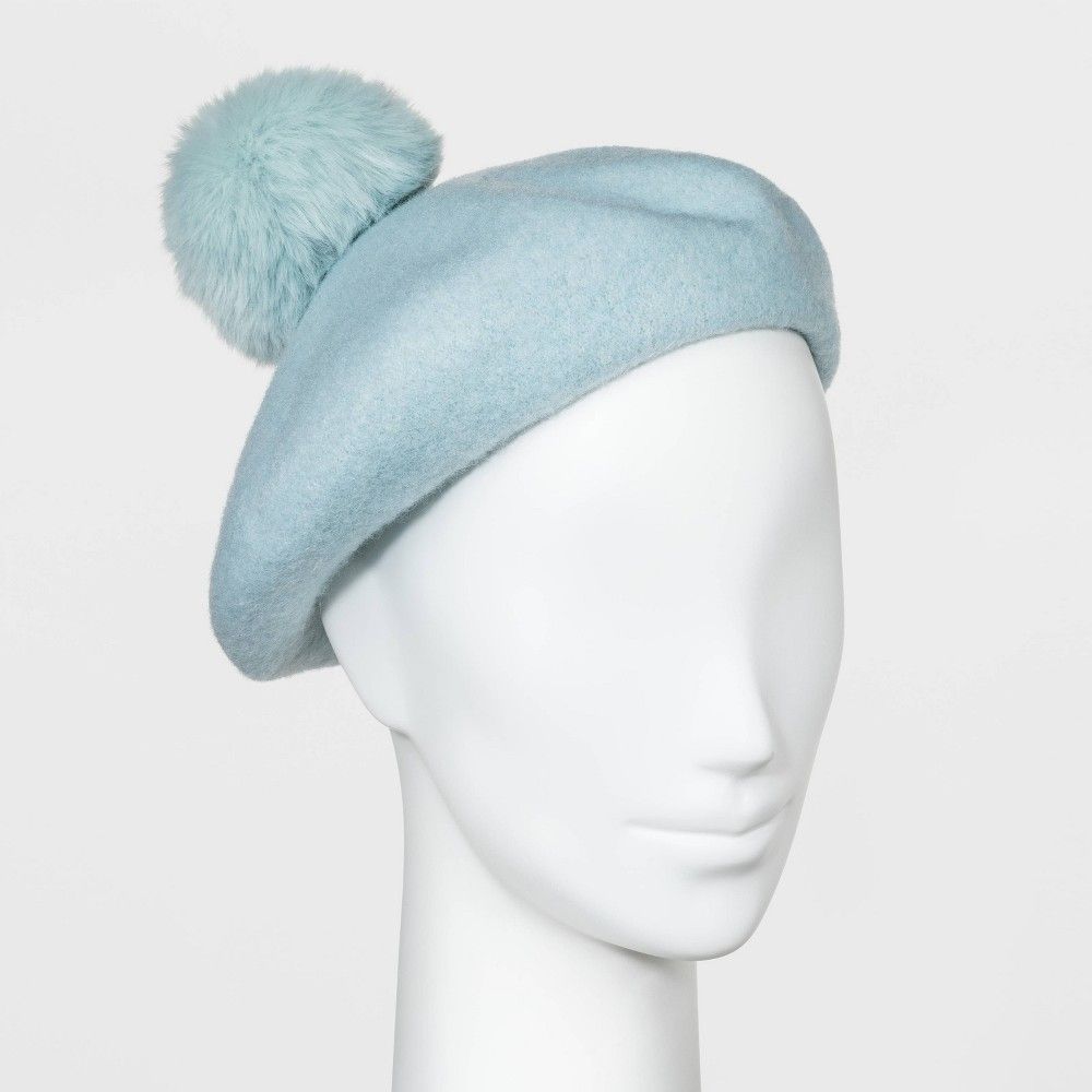Women's Faux Fur Pom Felt Beret Hat - A New Day Blue One Size | Target