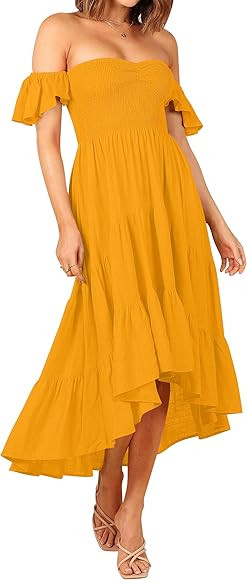 ZESICA Women's 2023 Summer Boho Off Shoulder Short Sleeve Smocked Ruffle Swing High Low Mermaid C... | Amazon (US)