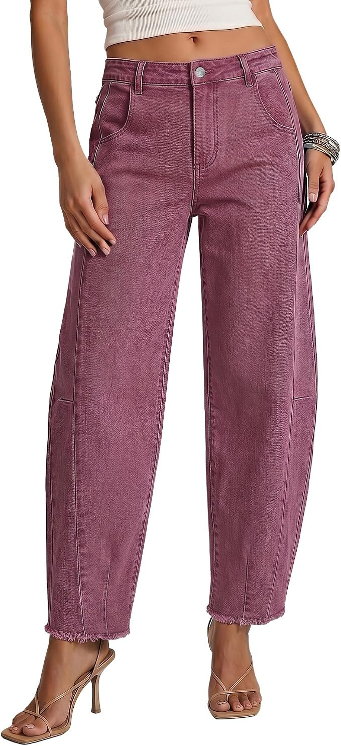luvamia Barrel Jeans Women Stretchy Baggy Wide Leg Raw Hem Denim Pants | Trendy High Waisted Dist... | Amazon (US)