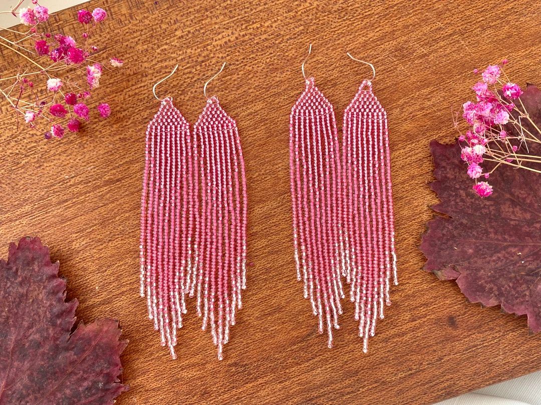 Pink Beaded Earrings Ombre Seed Bead Earrings Fringe Beaded Earrings Long Bead Earrings Gift for ... | Etsy (US)