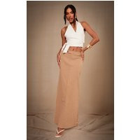 Premium Beige Linen Split Back Detail Maxi Skirt | PrettyLittleThing US