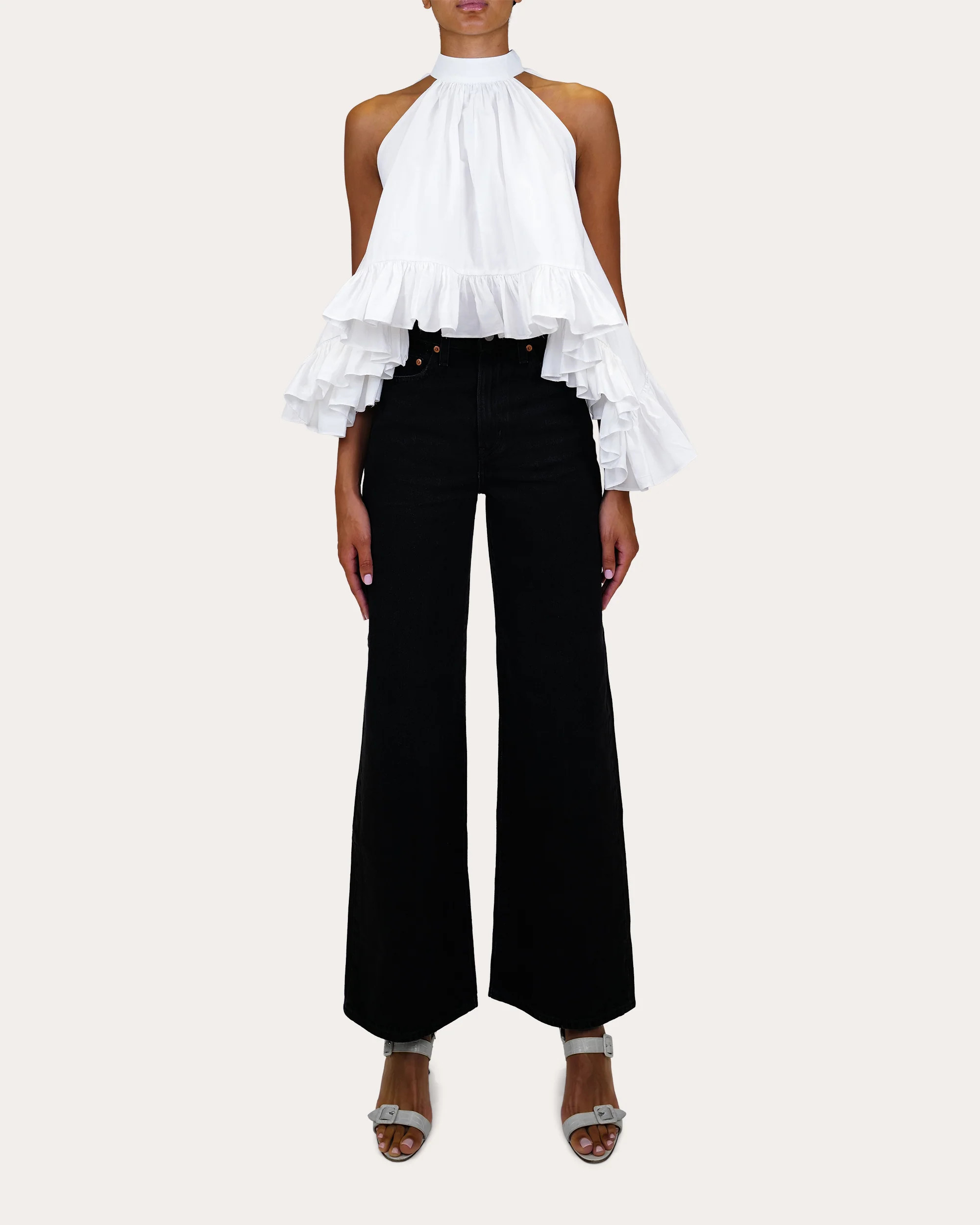Azeeza Women's Plath Poplin Asymmetric Ruffle Halter Top in White Cotton | Olivela