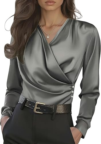 Women's Long Sleeve Satin Silk Blouses V Neck Ruched Shirts Dressy Business Elegant Work Tops | Amazon (US)