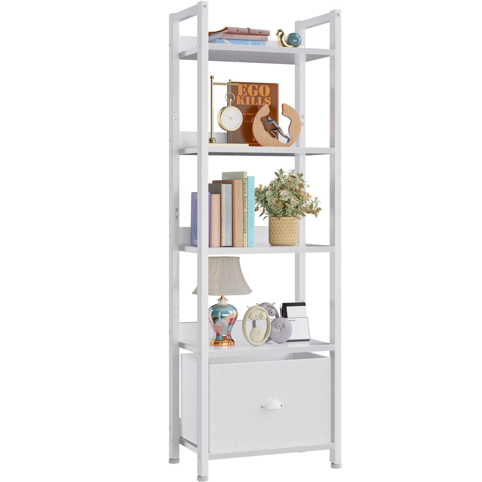 Furologee 5 Tier Bookshelf with Drawer, Tall Narrow Bookcase with Shelves, Wood and Metal Book Sh... | Amazon (US)