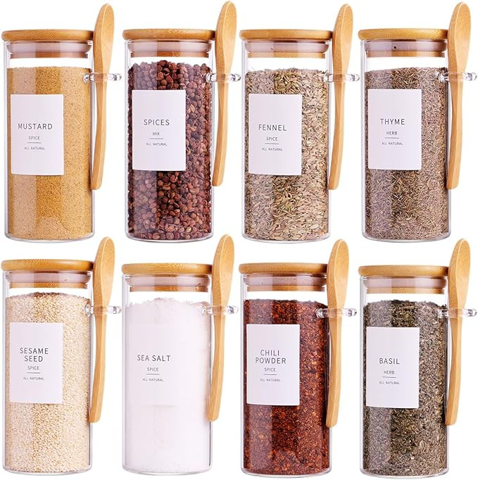 8 Pcs Glass Containers with Bamboo Lids and Spoons - 10 oz Sugar Container with 148 Kitchen Pantr... | Amazon (US)