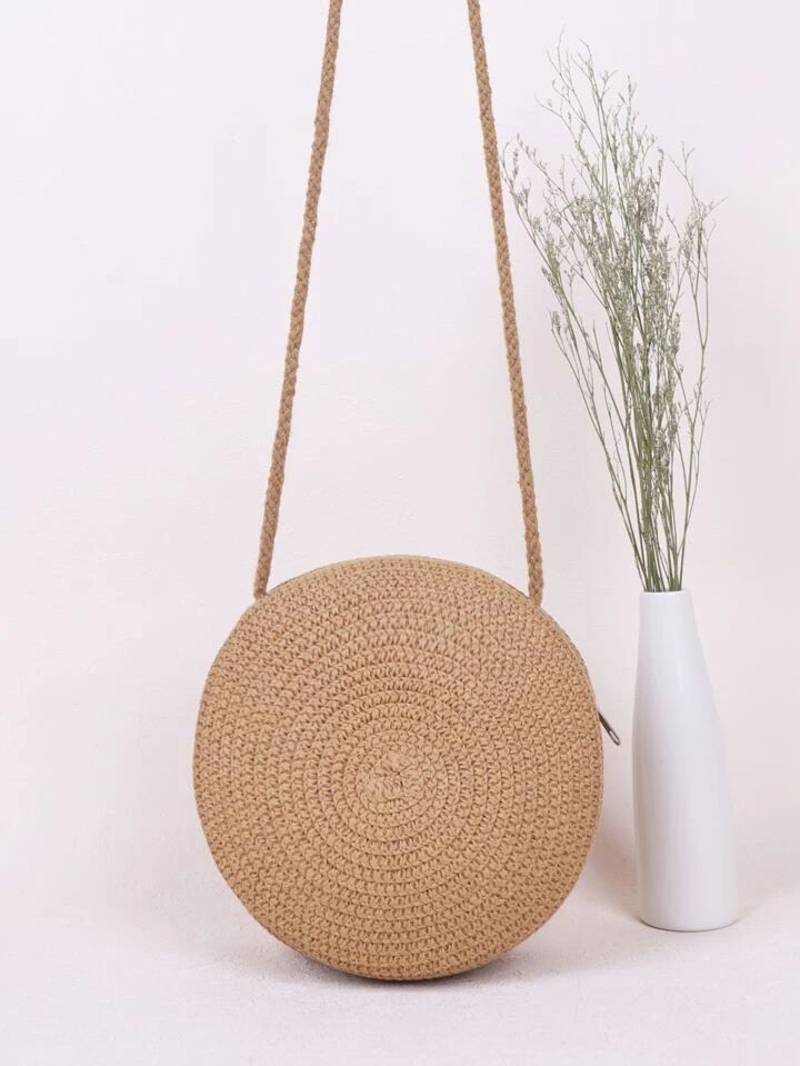Mini Minimalist Straw Bag Simple Round Straw Bag, Mini Woven Crossbody Bag, Women's Summer Beach ... | SHEIN