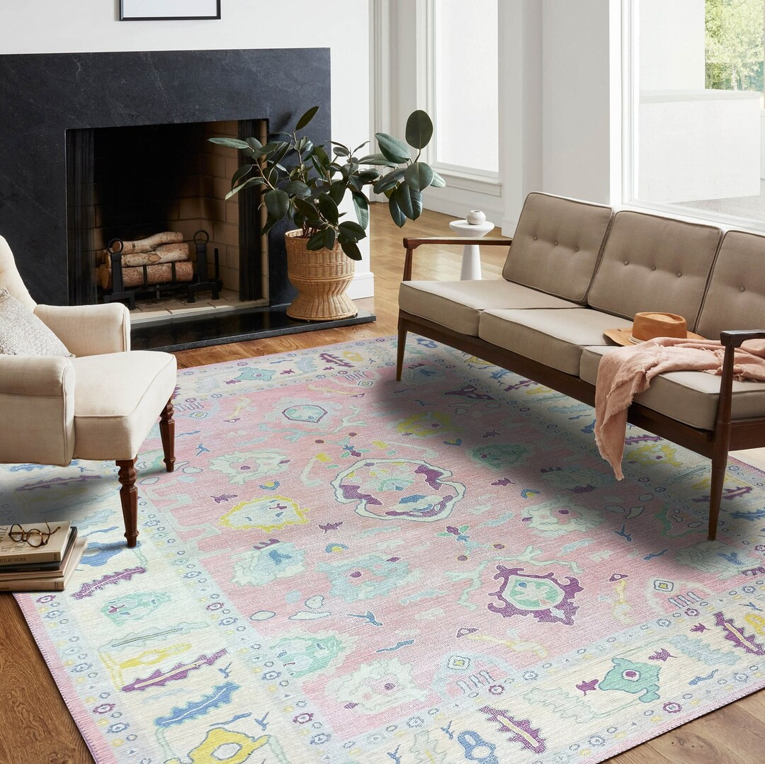 Pale Pink Modern Oushak Rug, Shades of Light Pink Vintage Turkish Pastel Oriental Inspired Area R... | Etsy (US)